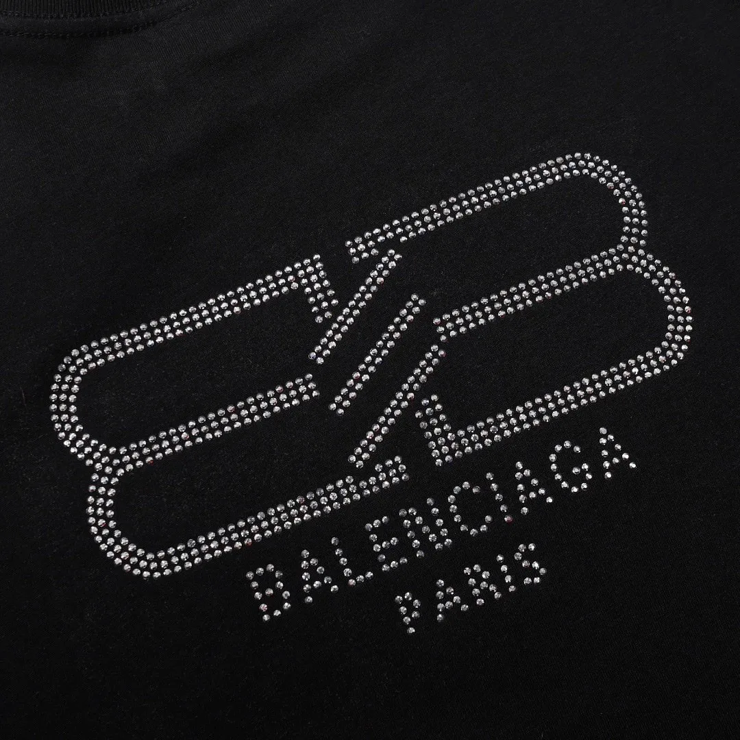 BALENCIAGA BB letter printed short-sleeved T-shirt, custom-woven and dyed 280g combed cotton fabric, zero color difference in threads, perfect details, different from the current version on the market, welcome to compare, Same Style for men and women, must-sell in the picture above Color: White Black Size: 1 2 3 4